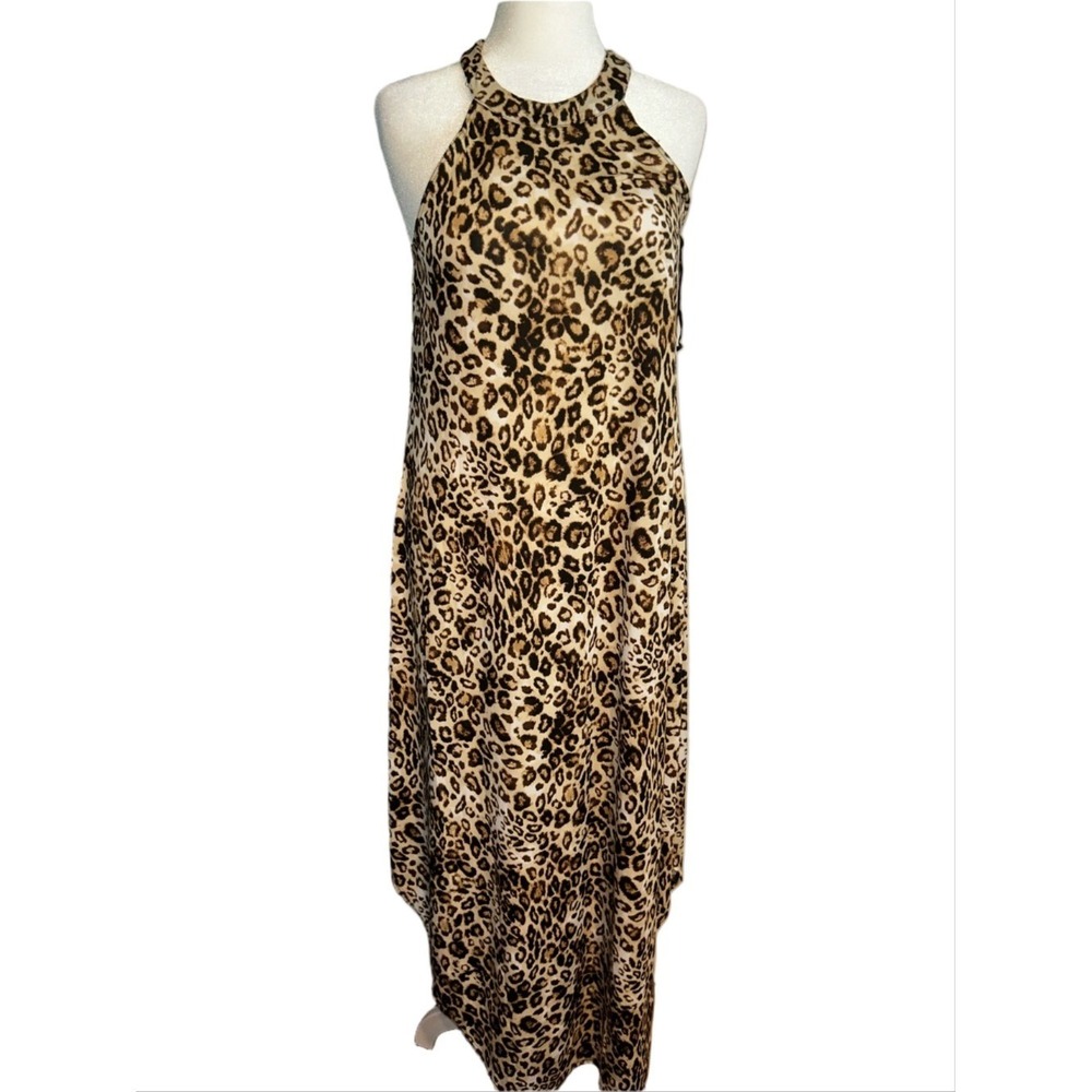 Y2K Halter Maxi Dress Size L Cheetah Animal Print Hi Low Romantic Party Sexy